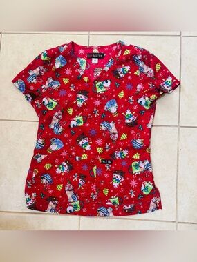 Koi Red Holiday Print Scrub Top
